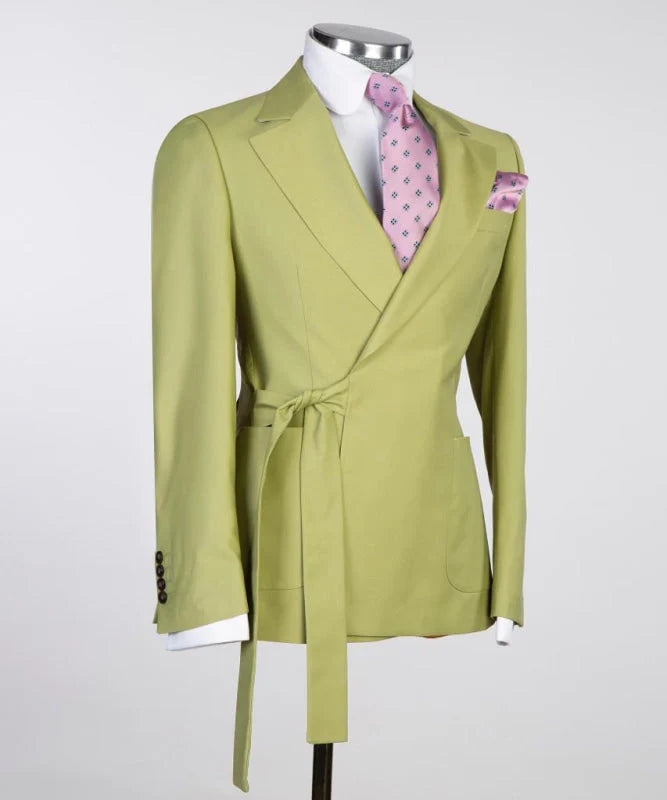 Yellow Green Notched Lapel Two Pieces Prom Suits with Belt Slim Fit