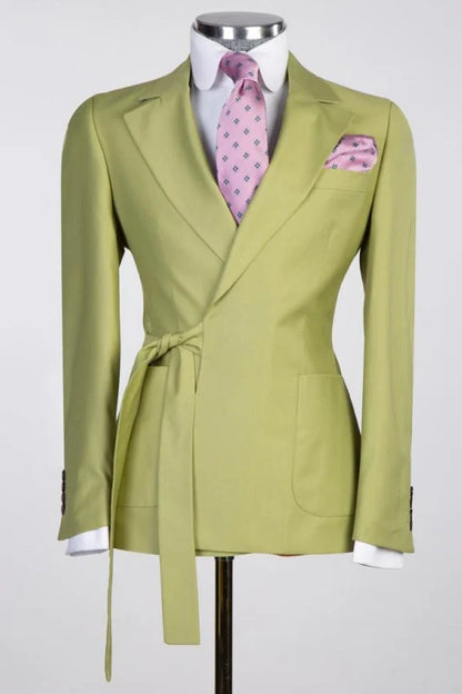 Yellow Green Notched Lapel Two Pieces Prom Suits with Belt Slim Fit