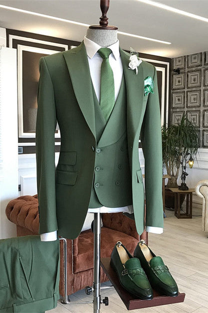 Green 3 Piece Slim Fit Peaked Lapel Men Suits