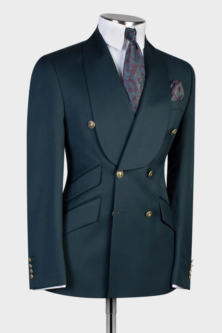 Dark Green Double-breasted 2-piece Shawl Lapel Suit