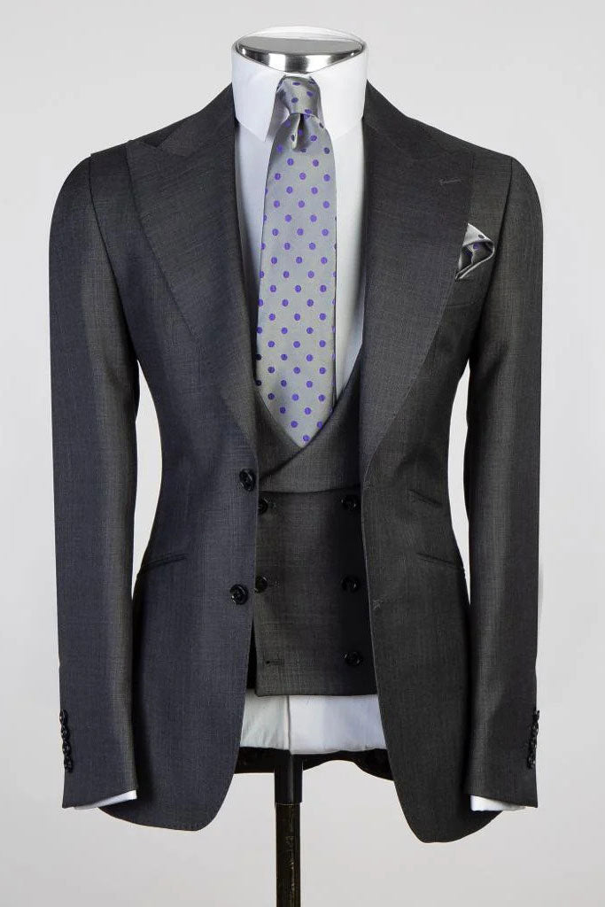 Grey Peaked Lapel Single Breasted 3-piece Formal Suits