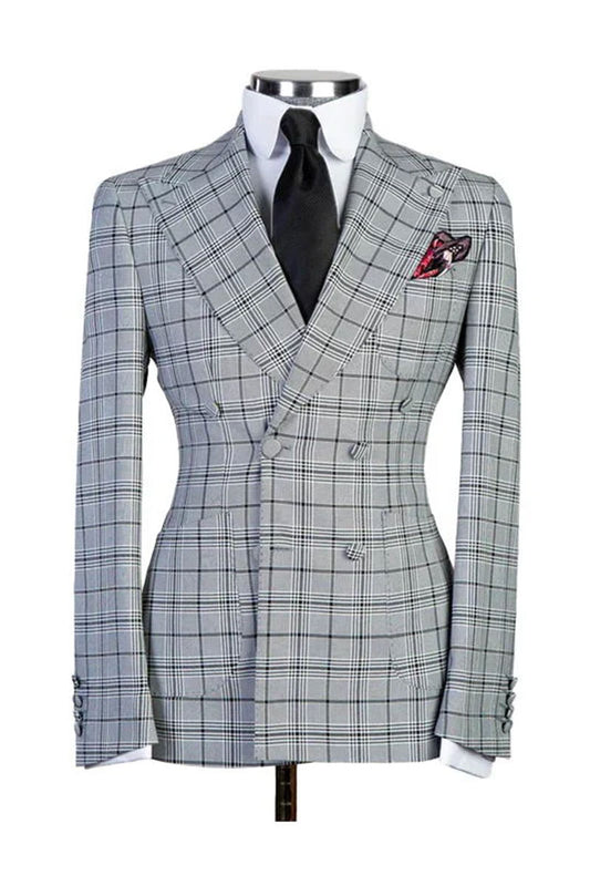 Grey Plaid Double Breasted Casual Suit