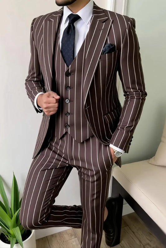 Men's Stripe 3-piece Suit in Brown