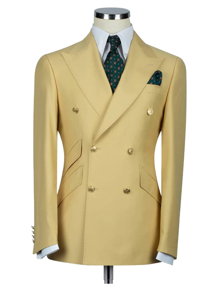 Designer Yellow Peaked Lapel Double Breasted Fit Men's Suits