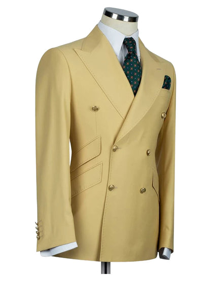 Designer Yellow Peaked Lapel Double Breasted Fit Men's Suits