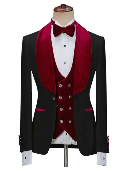 Black 3-Piece Red Velvet Shawl Lapel Tuxedo Suit