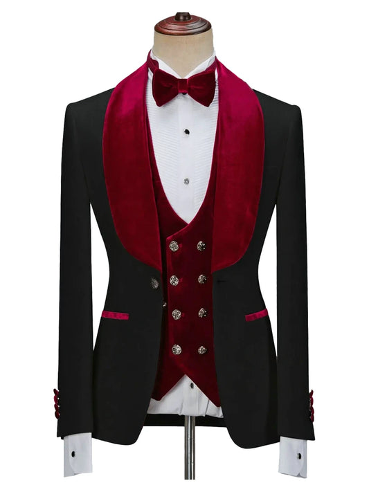 Black 3-Piece Red Velvet Shawl Lapel Tuxedo Suit