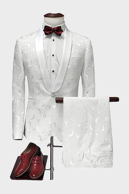 Pricey White Jacquard Suits for Wedding Tuxedo