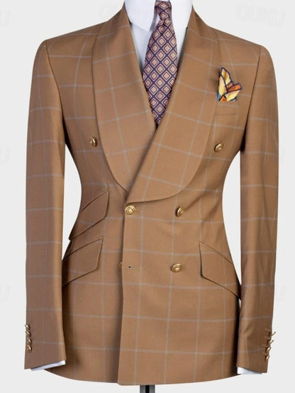 Brown Shawl Lapel Plaid Double Breasted 2-piece Men Suits