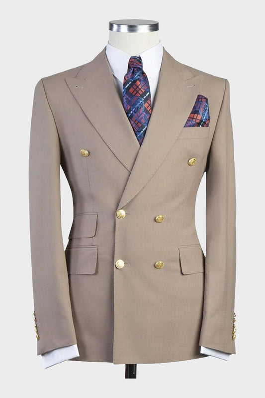Brown Peak Lapel Double Breasted Gold Button Suit
