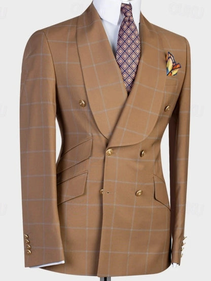 Brown Shawl Lapel Plaid Double Breasted 2-piece Men Suits