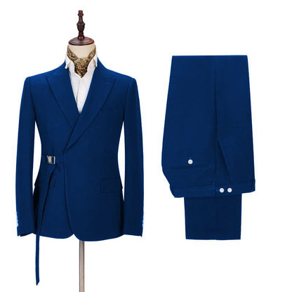 Latest Royal Blue Men Casual Peaked Lapel Buckle Button Suit