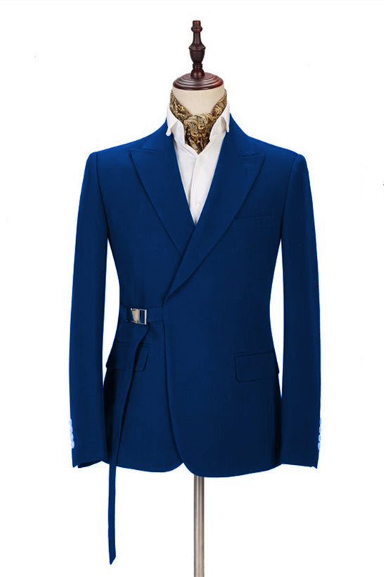 Latest Royal Blue Men Casual Peaked Lapel Buckle Button Suit