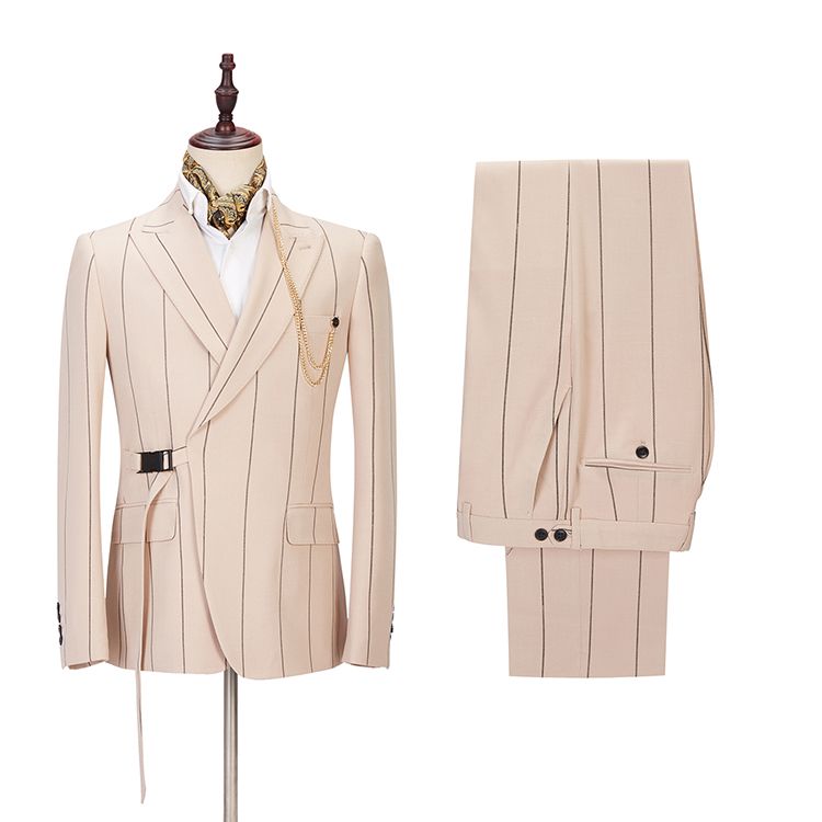 Light Champagne Designer Striped Peaked Lapel Men Prom Suits