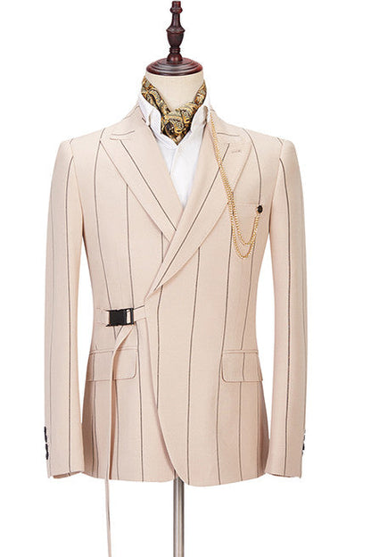 Light Champagne Designer Striped Peaked Lapel Men Prom Suits