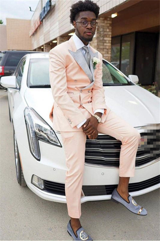 Lovely Blushing Pink Double Breasted Peaked Lapel Prom Outfits for Guy