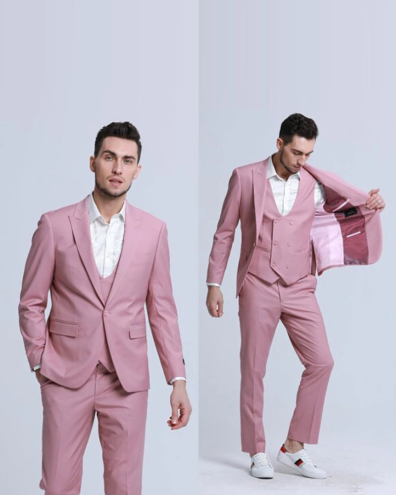 Peaked Lapel 3 Piece Single Breasted Pink Suit