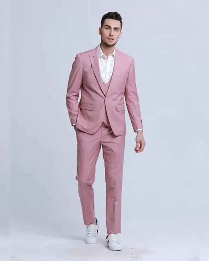 Peaked Lapel 3 Piece Single Breasted Pink Suit