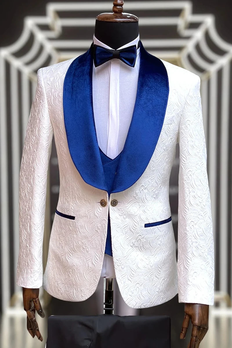 Jacquard White 3-piece Suit One Button Wedding Tuxedo