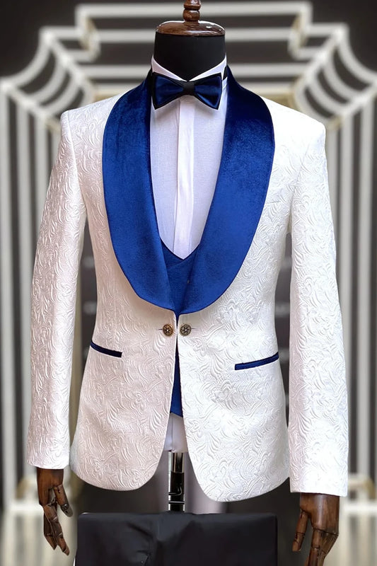 Jacquard White 3-piece Suit One Button Wedding Tuxedo