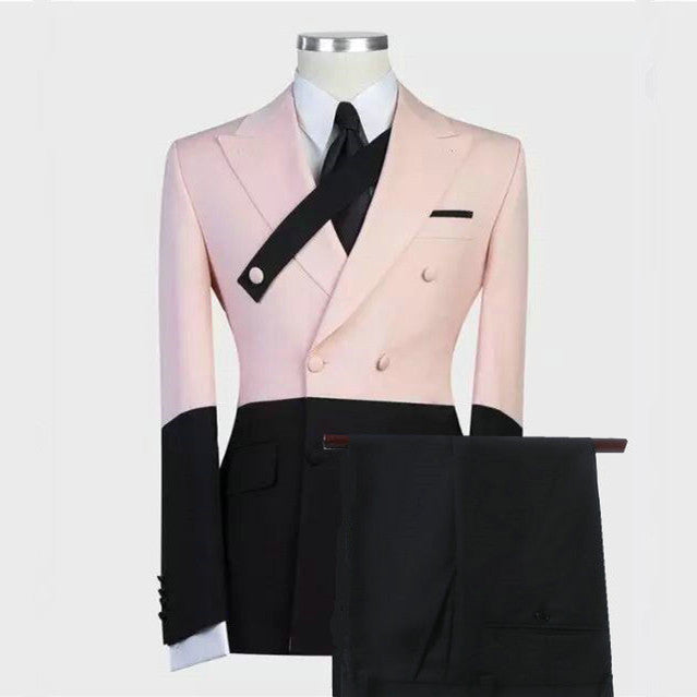 Modern Pink and Black Double Breasted Peaked Lapel Men Suits