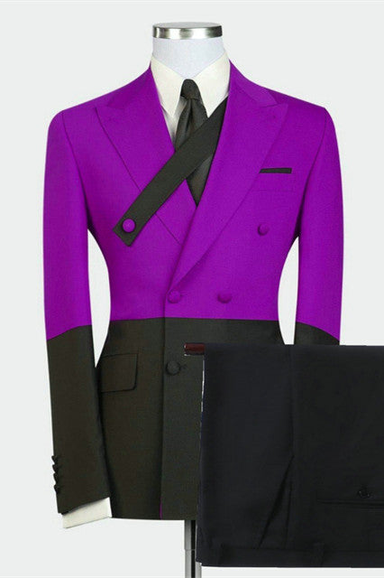 Modern Purple Double Breasted Peaked Lapel Men Suits