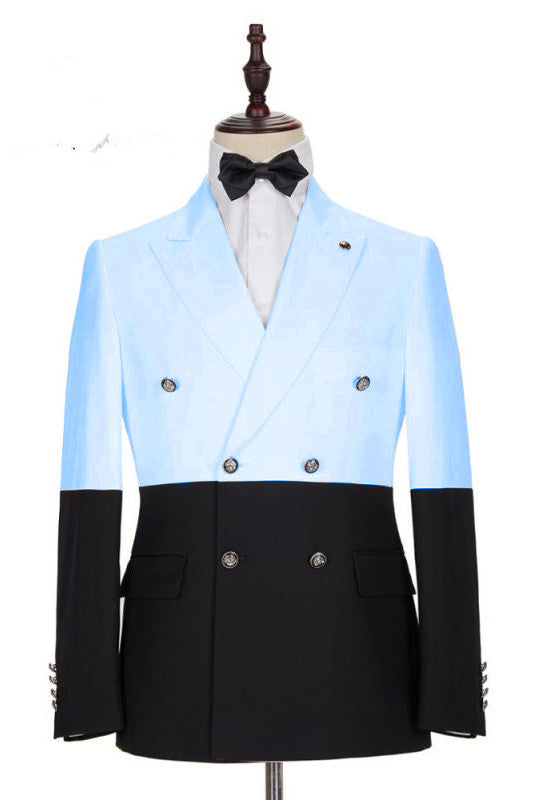 Modern Light Blue Double Breasted Men's Suits with Peaked Lapel for Prom