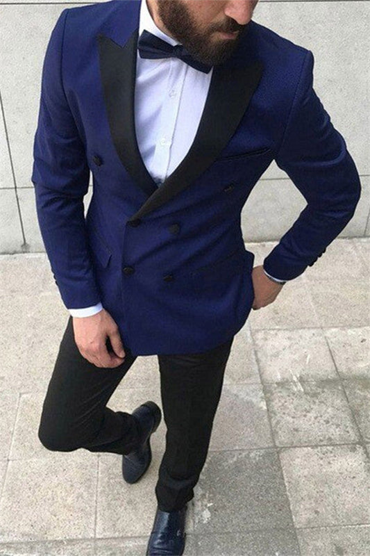 Navy Blue Peaked Lapel Double Breasted Men's Suit