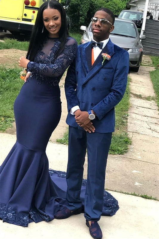 Navy Blue Velvet Peaked Lapel Double Breasted Prom Suit
