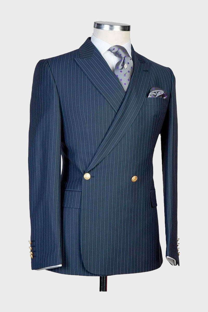 Navy Blue 2 Piece Striped Double Breasted Suit