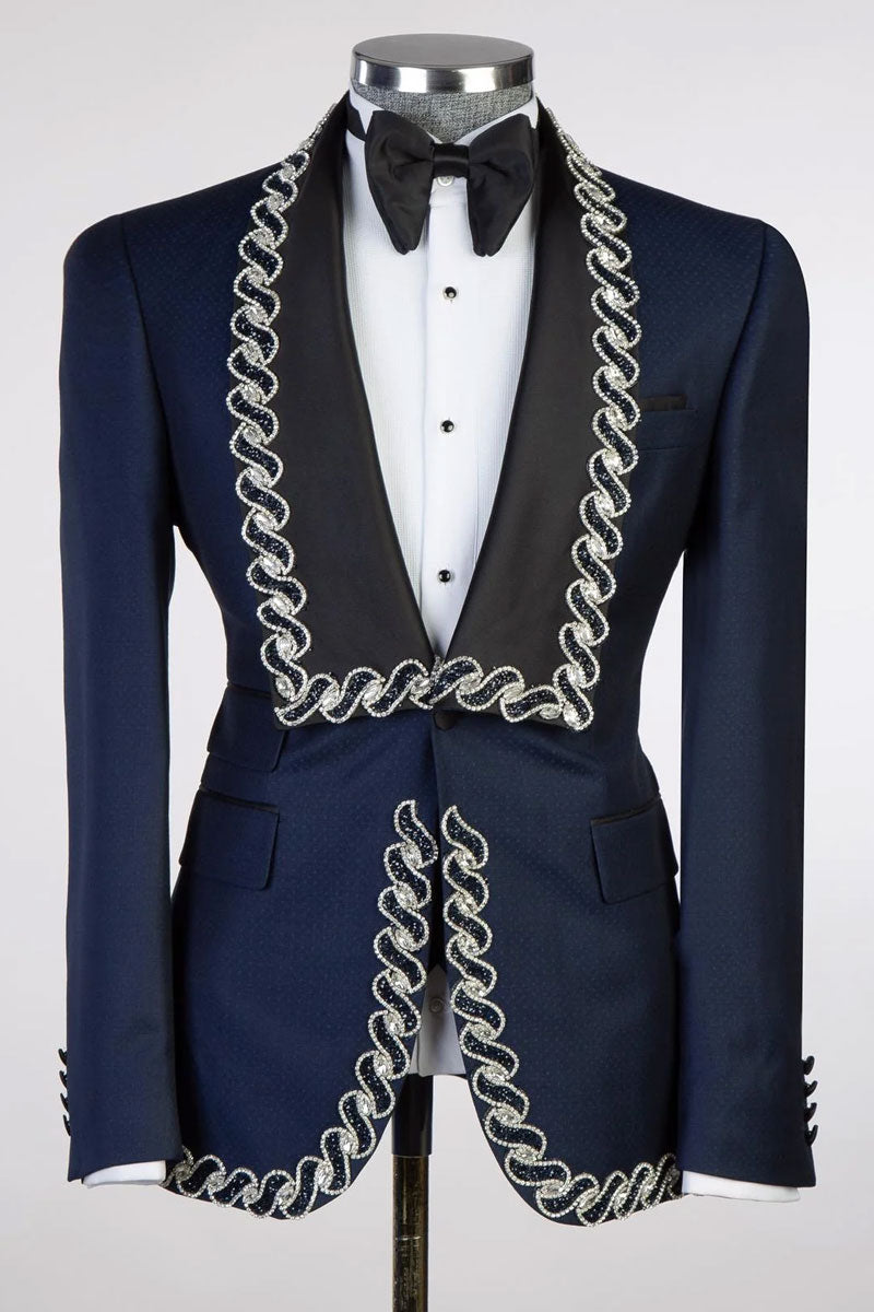 Navy One-button 3-piece Blazer Tuxedo with Applique