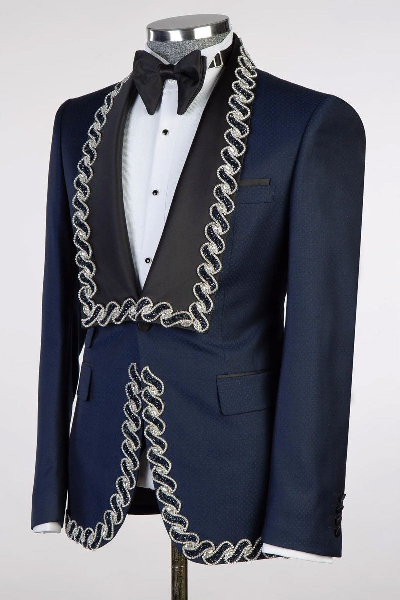 Navy One-button 3-piece Blazer Tuxedo with Applique