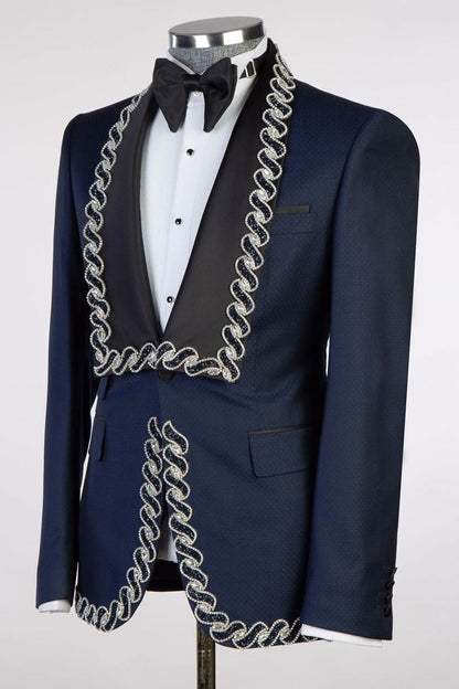 Navy One-button 3-piece Blazer Tuxedo with Applique