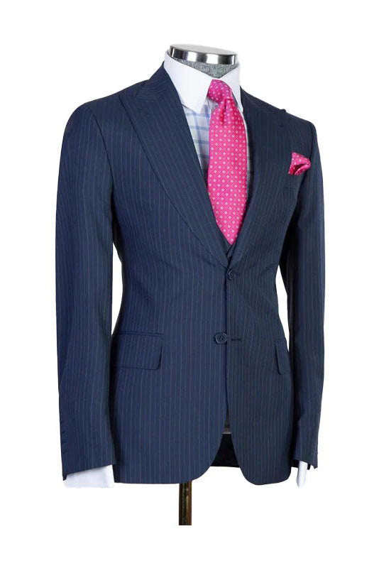 Dark Navy 3 Piece Pinstripe Peak Lapel Suit