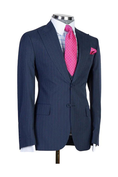 Dark Navy 3 Piece Pinstripe Peak Lapel Suit