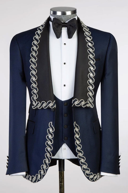 Navy One-button 3-piece Blazer Tuxedo with Applique
