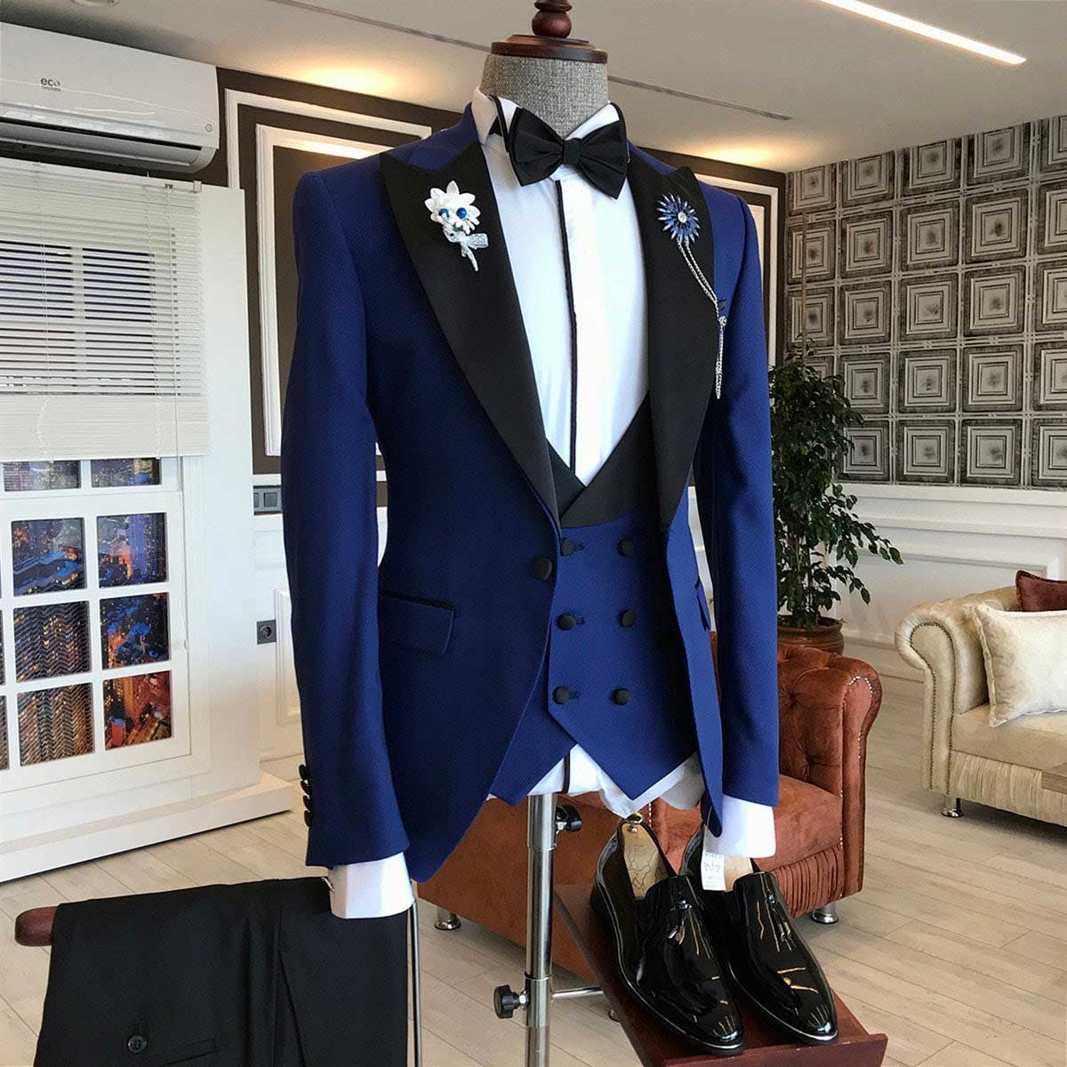 Blue 3-piece with Black Peaked Lapel Slim Fit Prom Suits