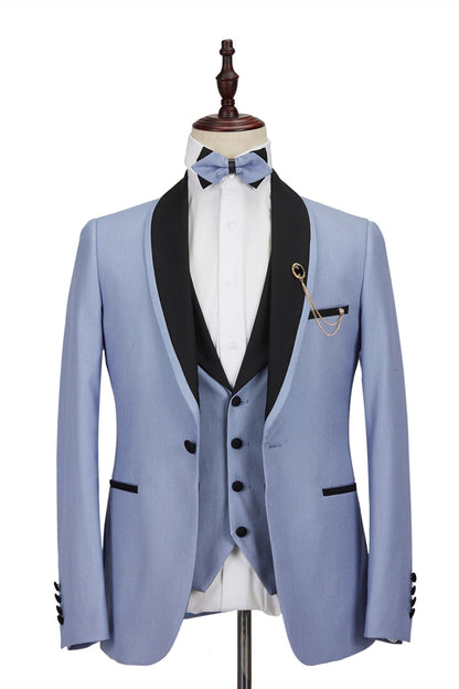 New Arrival Light Blue Classy Black Shawl Lapel One Button Men Formal Suit