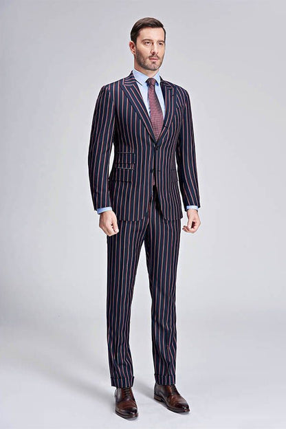 New Arrival Stripes Dark Navy Mens Suits Peak Lapel Three Flap Pockets