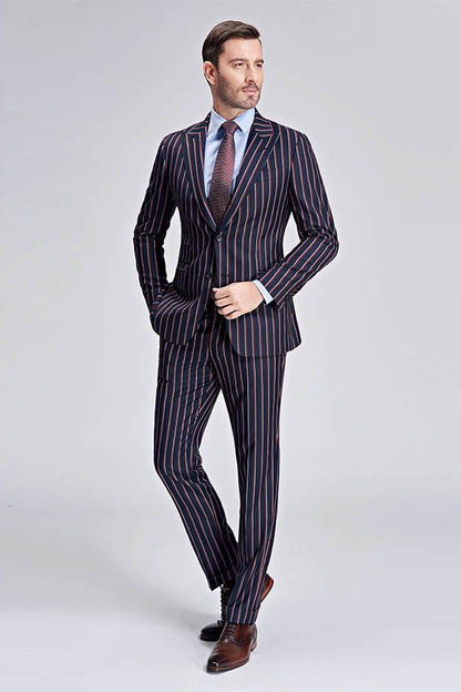 New Arrival Stripes Dark Navy Mens Suits Peak Lapel Three Flap Pockets