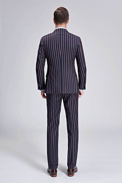 New Arrival Stripes Dark Navy Mens Suits Peak Lapel Three Flap Pockets