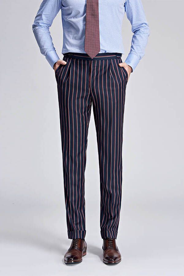 New Arrival Stripes Dark Navy Mens Suits Peak Lapel Three Flap Pockets