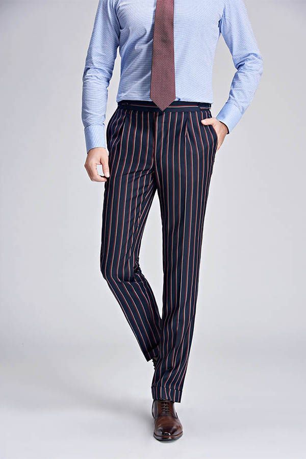 New Arrival Stripes Dark Navy Mens Suits Peak Lapel Three Flap Pockets