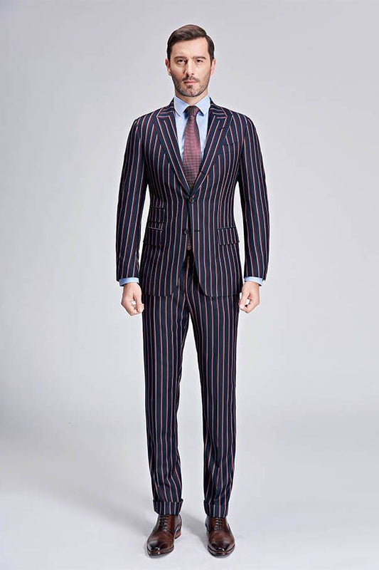 New Arrival Stripes Dark Navy Mens Suits Peak Lapel Three Flap Pockets