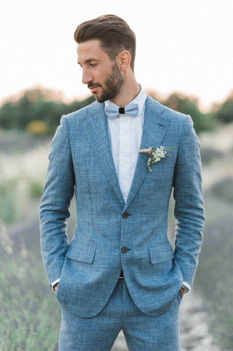 Ocean Blue Linen Summer Beach Groom Wedding Suits