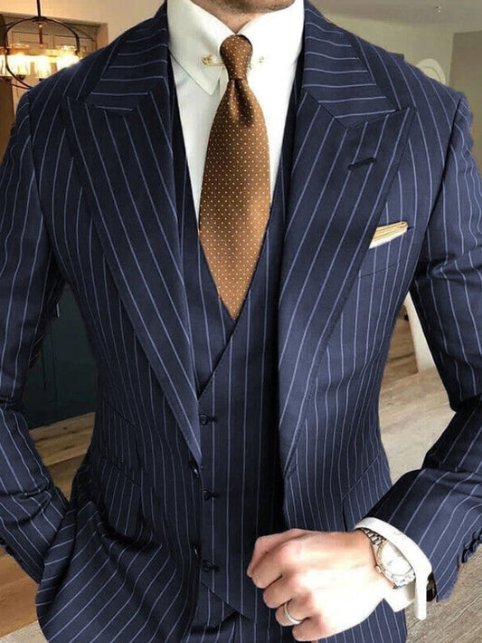 Blue Striped Peaked Lapel 3-piece Men Suits for Wedding