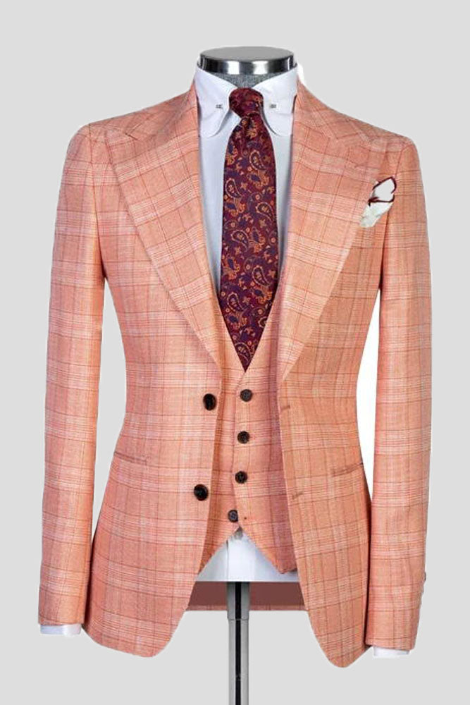 Orange Plaid Peak Lapel Single Breasted 3-piece Suit