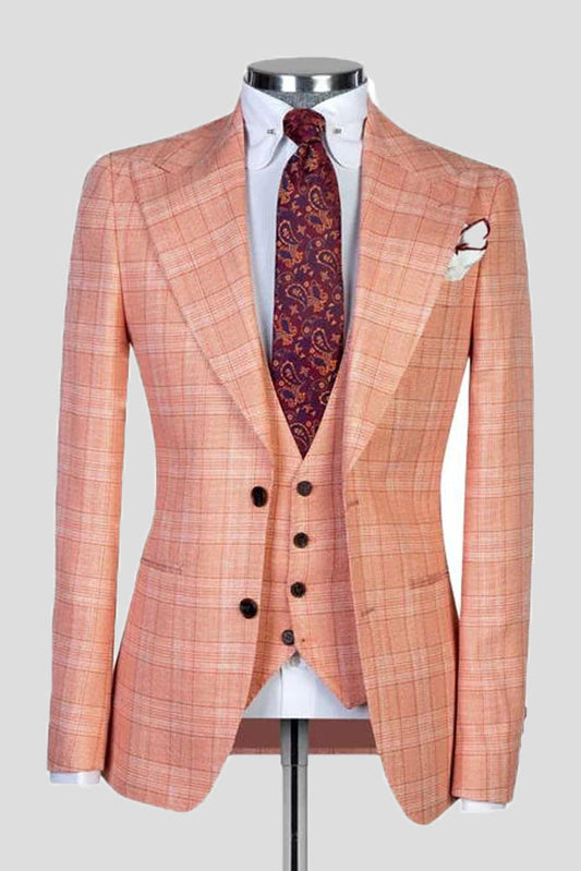 Orange Plaid Peak Lapel Single Breasted 3-piece Suit