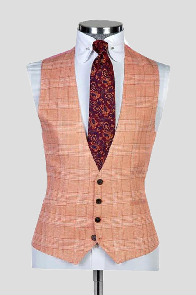 Orange Plaid Peak Lapel Single Breasted 3-piece Suit
