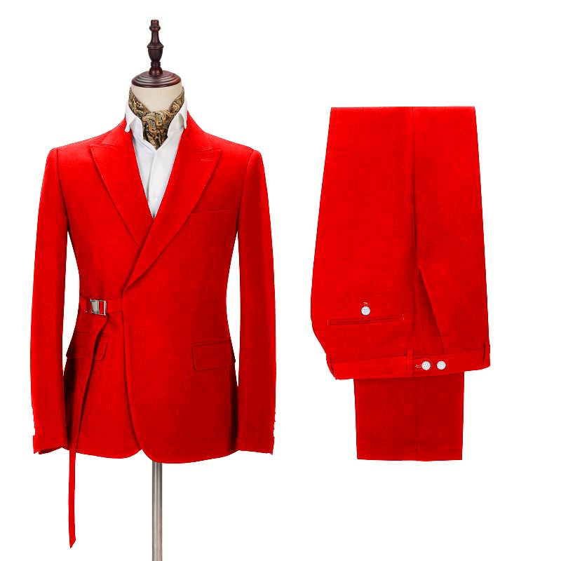 Passionate Bright Red Peak Lapel Buckle Button Men's Suit for Prom